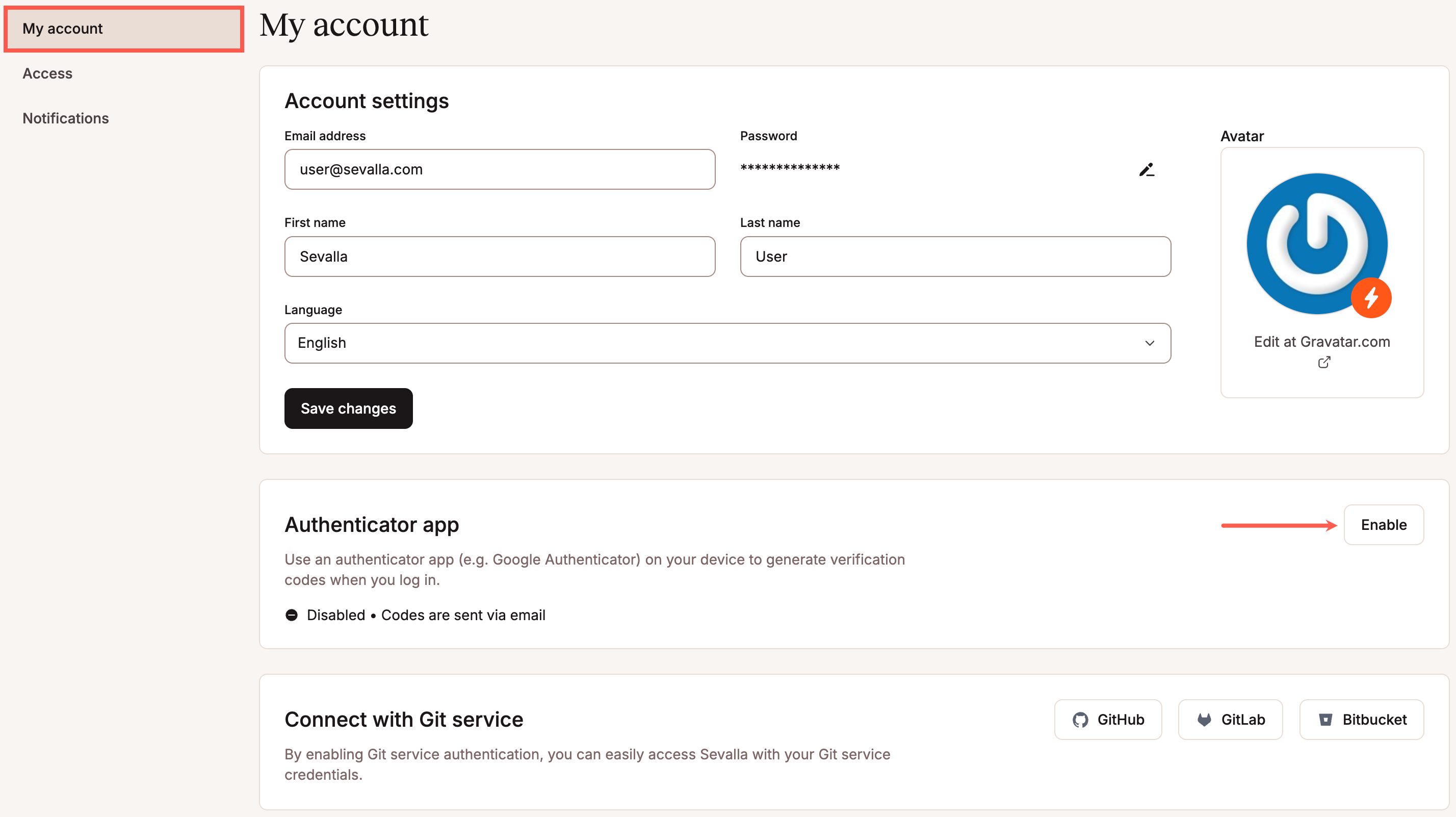 Enable the Authenticator app in Sevalla.